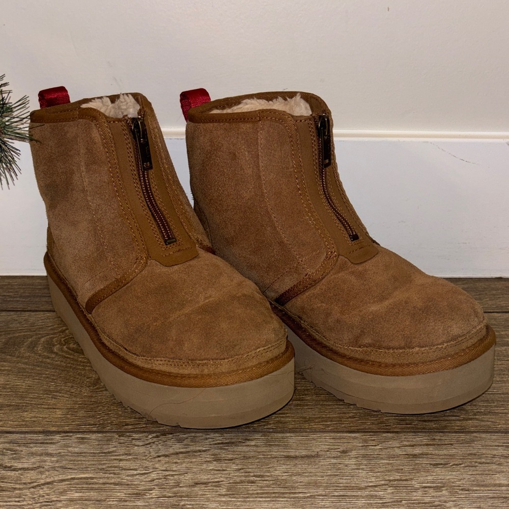 UGG Tan Suede Ankle Boots with Red Accents